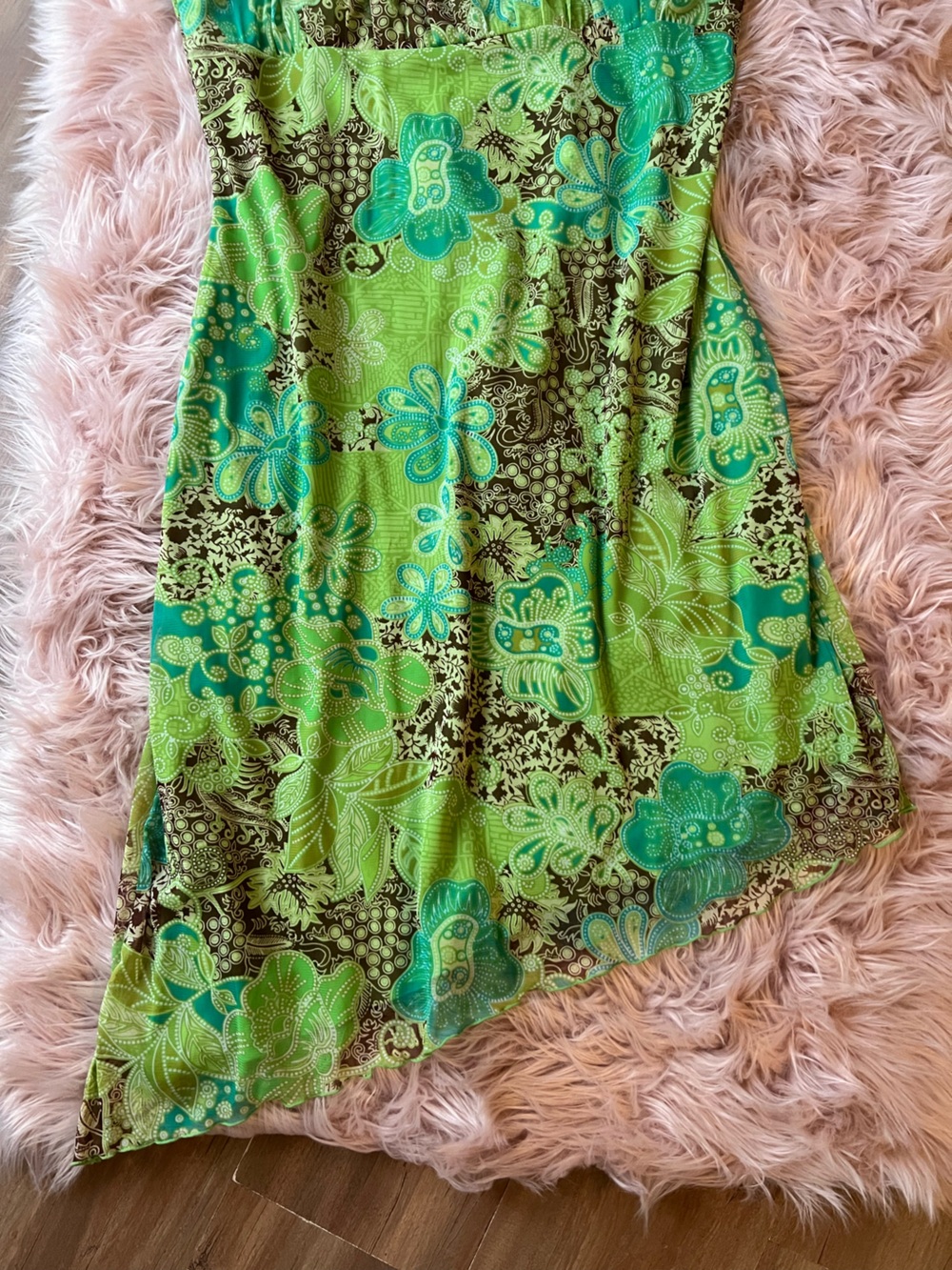 y2k Green Floral Asymmetrical Midi Dress with Teal Accents Plus Size Fairycore - Picture 2 of 6